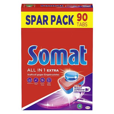 Somat All in 1 Extra Dishwasher Tabs, 90 Tabs, Dishwasher Tabs for Extra Powerful Cleaning and Stainless Steel Shine